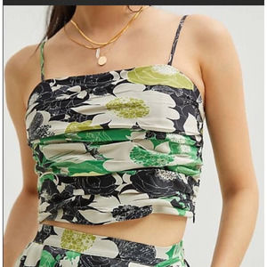 Anthropologie Cropped Floral Ruched Top Green Black Size 4